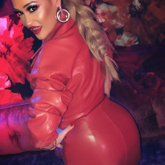'CARDI-B' Red Vegan Leather Jacket Dress - Picture 4 of 12